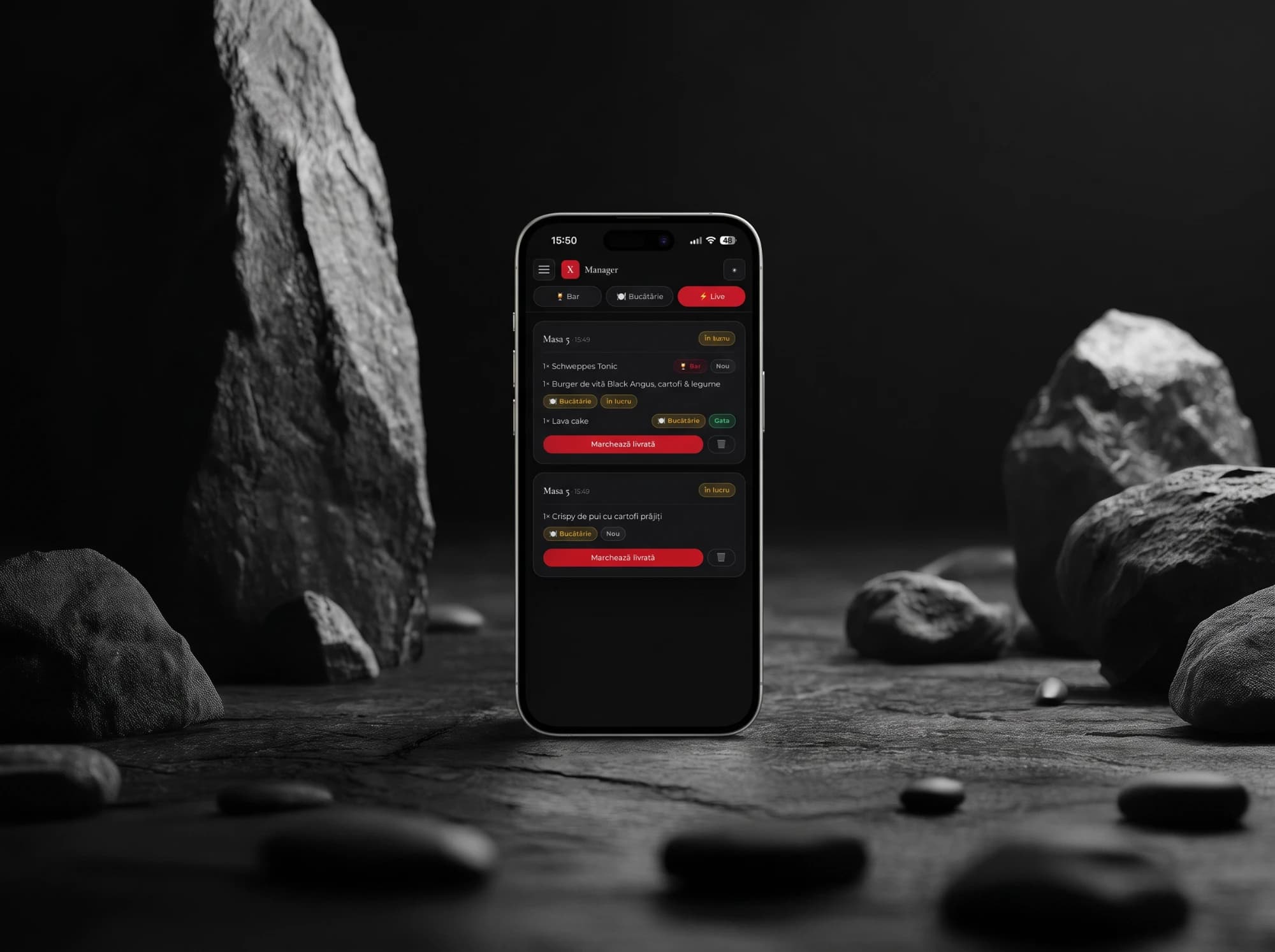 The manager panel of the restaurant app on a phone, with table orders and the status of each dish