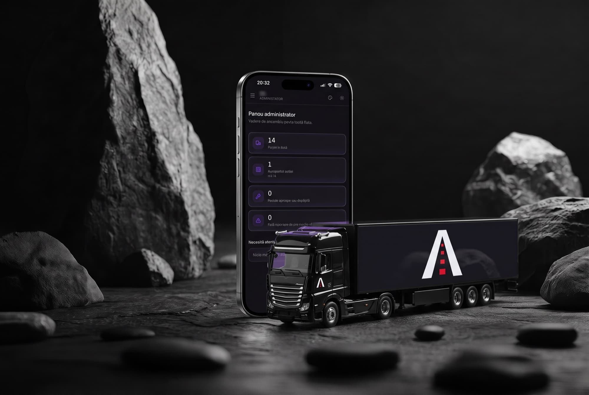 The AT Transport admin panel on a phone, next to a truck with the company logo