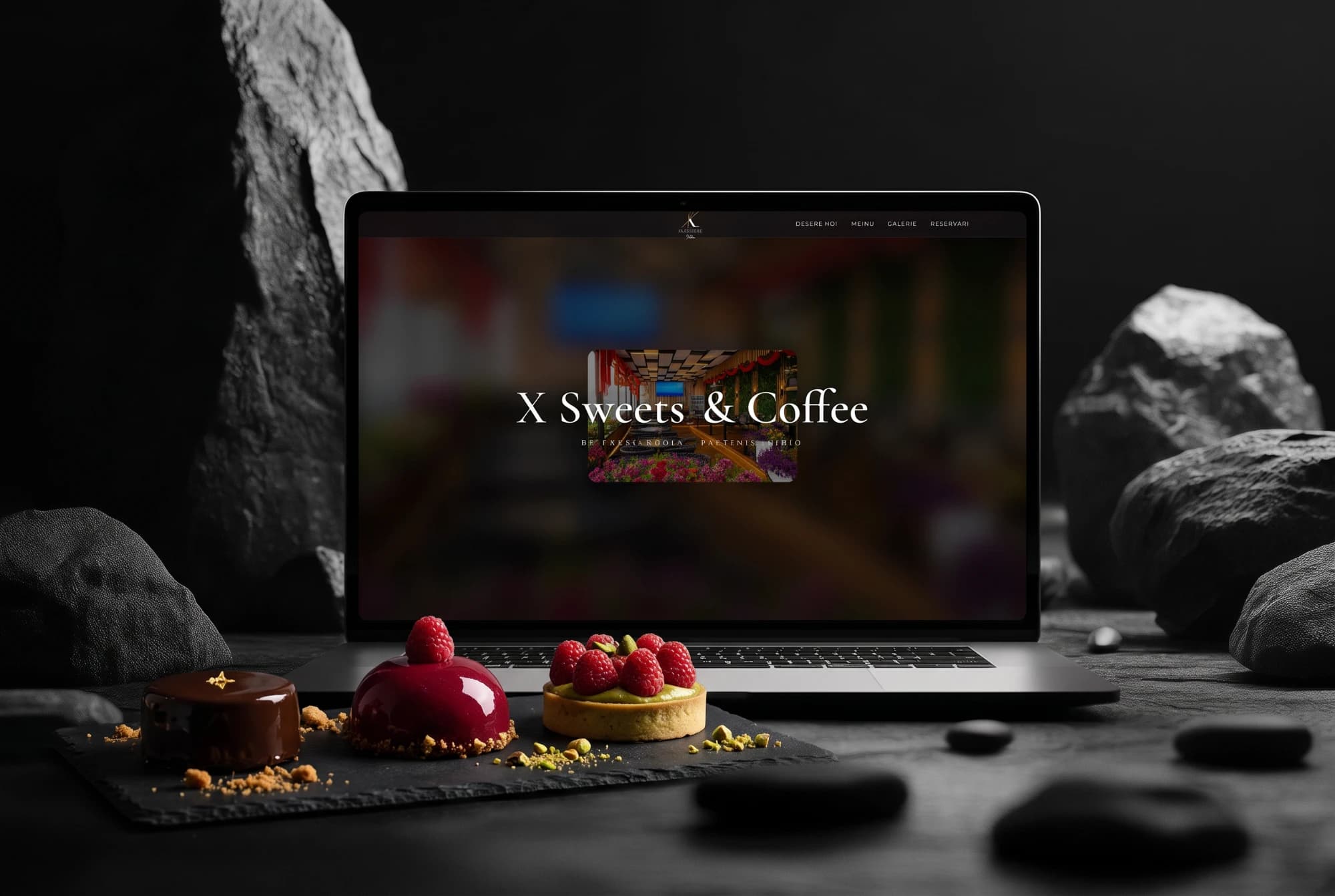 The X Sweets and Coffee website on a laptop, with desserts in front